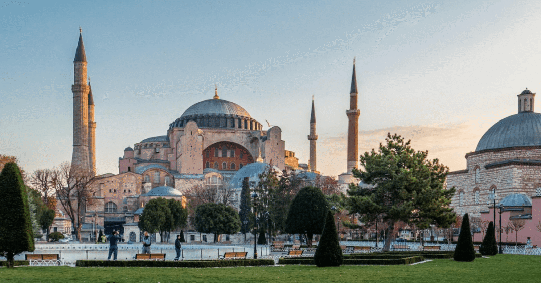 Hagia Sophia exterior in Istanbul with minarets and dome