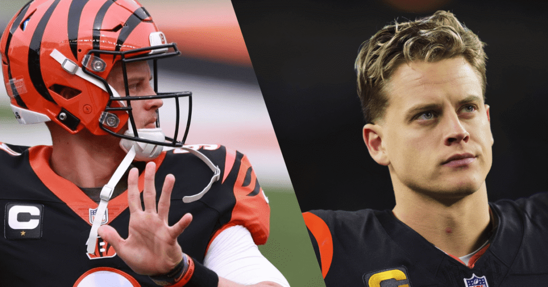 Close-up of Joe Burrow in Cincinnati Bengals uniform looking focused on the field